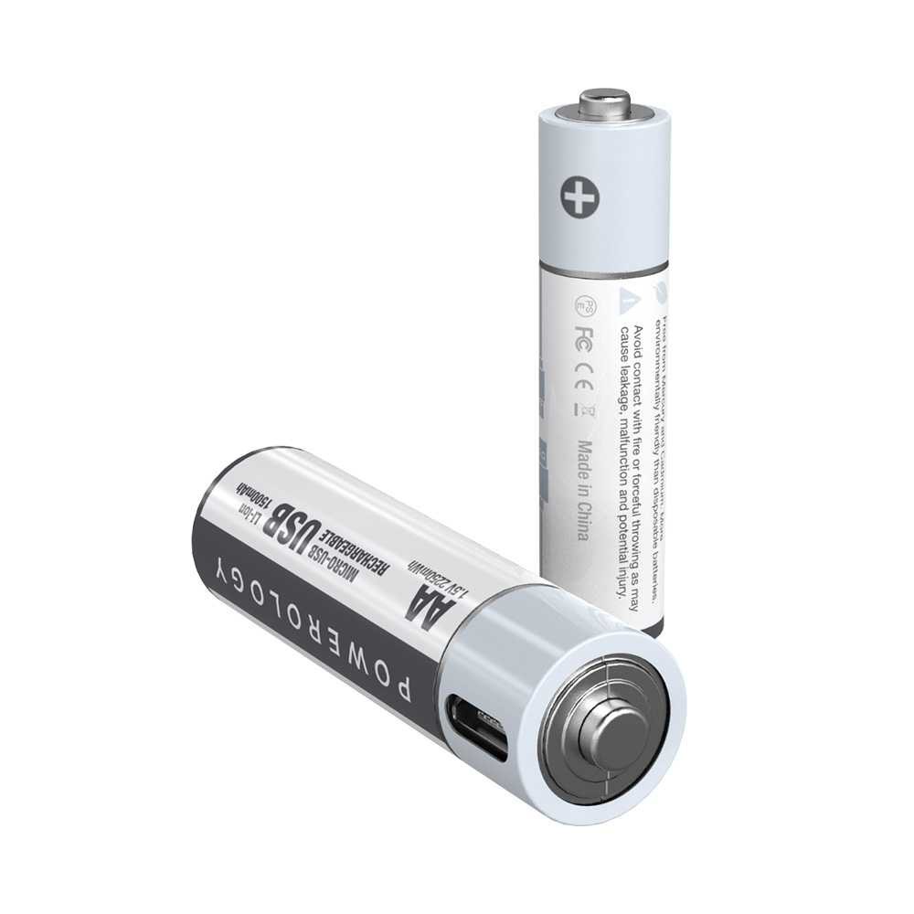 باتری قابل شارژ لیتیوم یون USB AA (2 عدد در بسته) 1500 میلی آمپر ساعت / 2250 میلی وات ساعت - برند پاورولوژی Powerology باتری قلمی 4 تایی قابل شارژ پاورولوژی مدل PRUBAA2 - تصویر 1