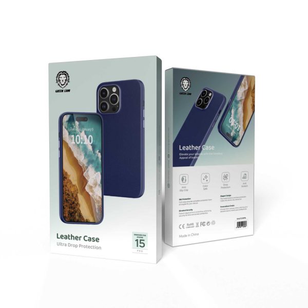 قاب چرمی آیفون 15 پرو - آبی - برند گرین لاین Green lion