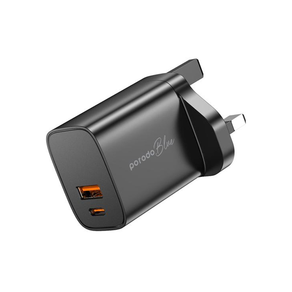 porodo-blue-dual-port-wall-charger-pd-20w-qc-3-0-uk-black شارژر دیواری پرودو مدل PB-C20WUK - تصویر 1