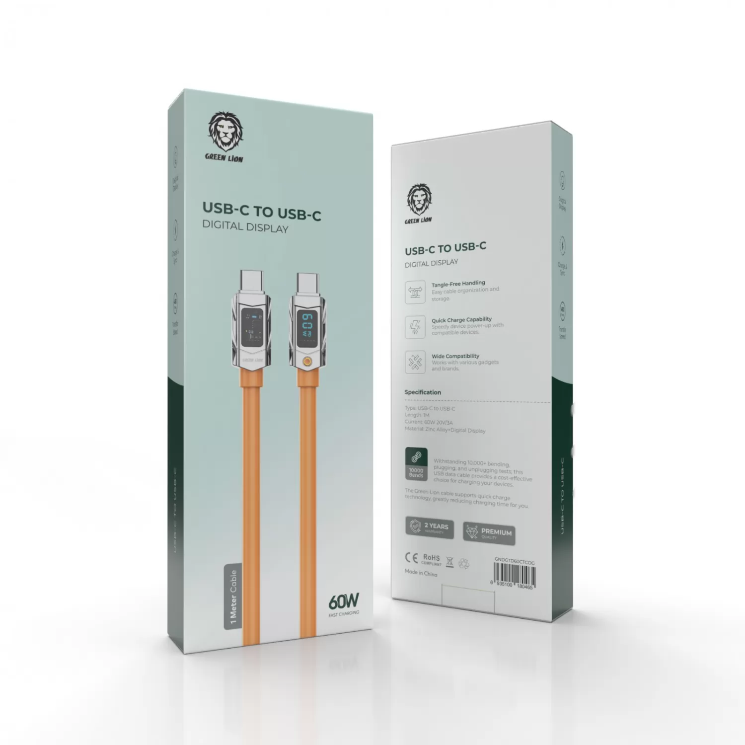 کابل با نمایشگر دیجیتال USB-C به USB-C گرین لاین مدل GNDGTD60CTCOG