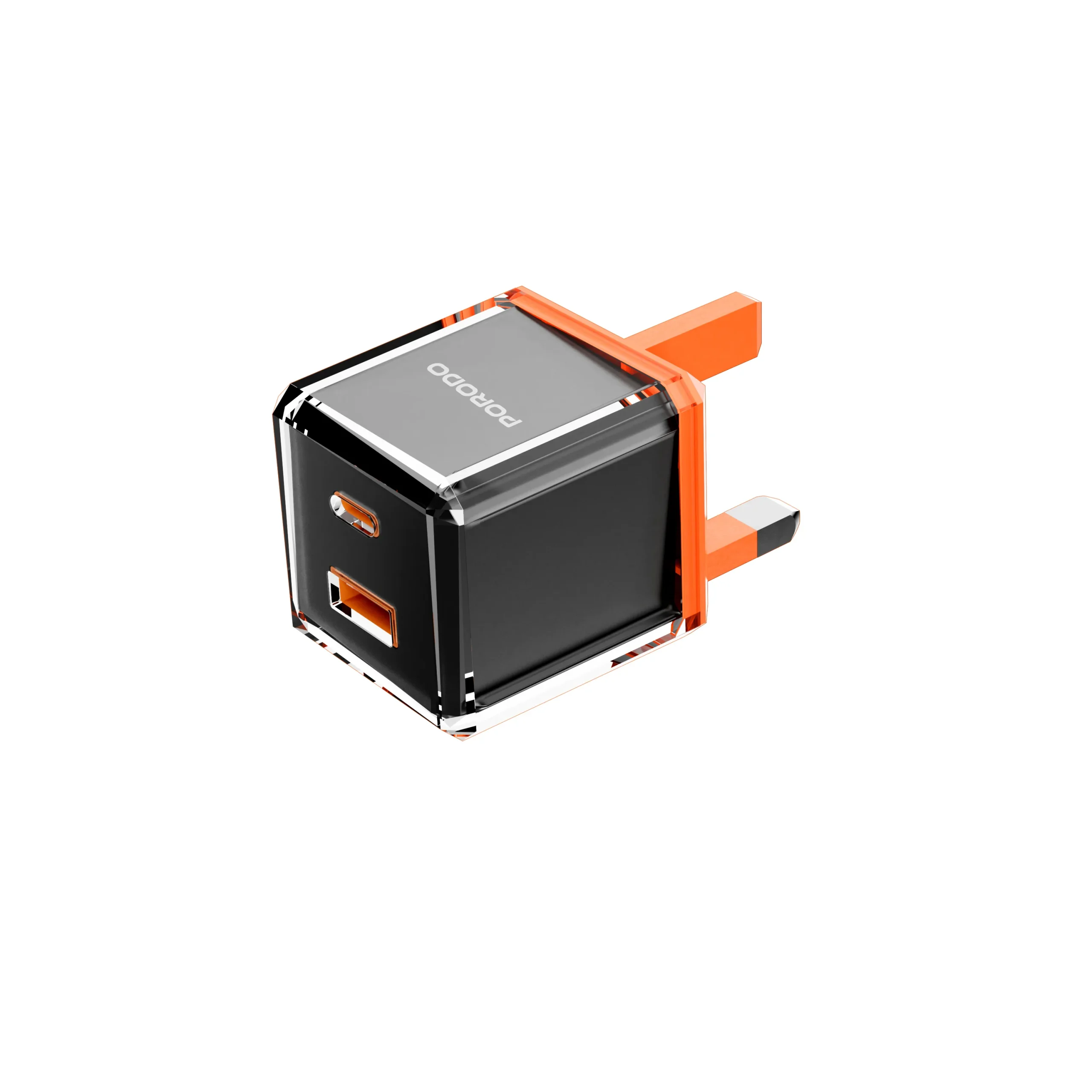 شارژر بریتانیایی PD+QC 20W با پوشش بیرونی شفاف - مشکی/نارنجی - برند پرودو Porodo شارژر بریتانیایی PD+QC 20W با پوشش بیرونی شفاف - مشکی/نارنجی - برند پرودو Porodo - تصویر 1