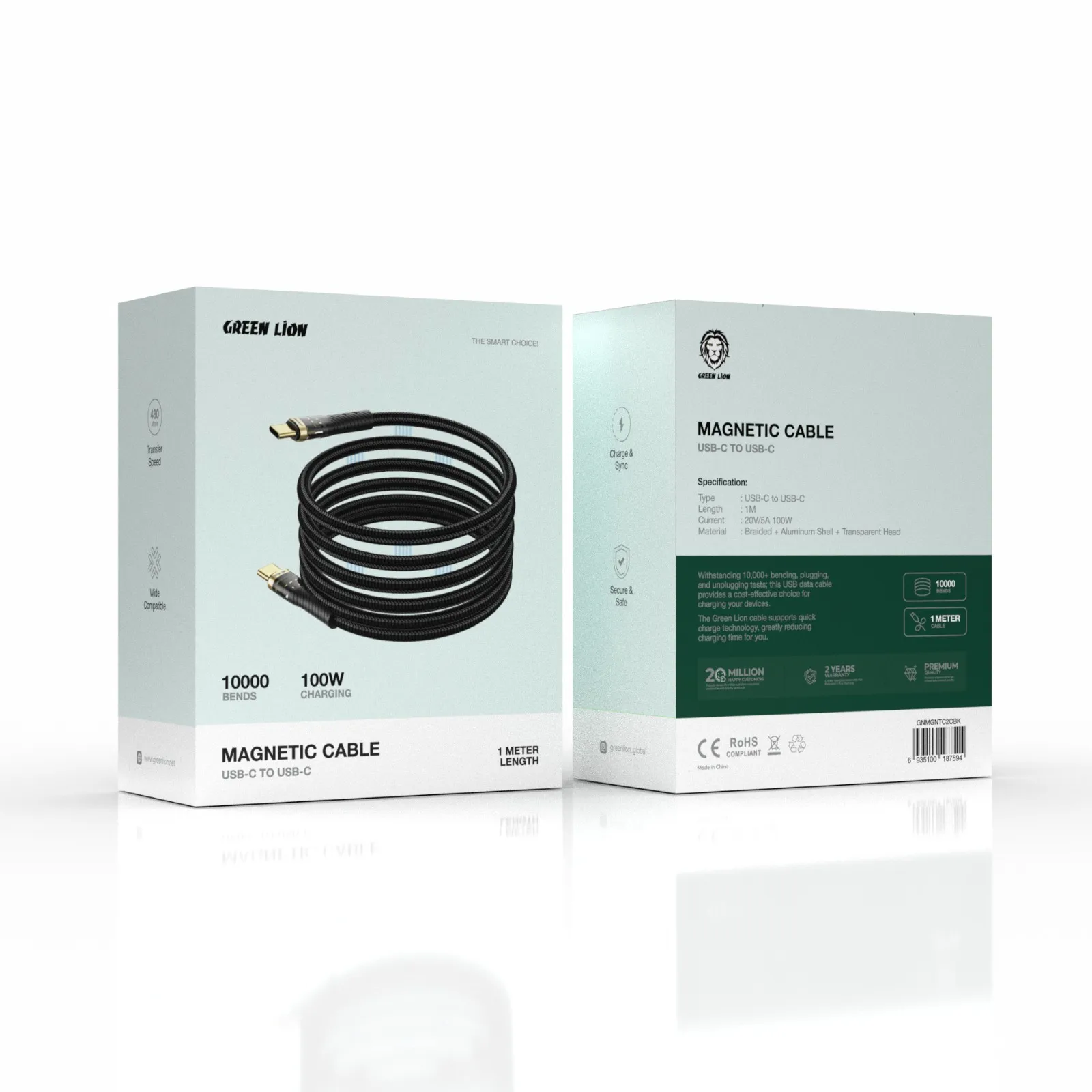 GREEN LION MAGNETIC CABLE USB-C TO USB-C 100W 1M - BLACK کابل مغناطیسی USB-C به USB-C 100W 1M - مشکی - برند گرین لاین Green lion - تصویر 1