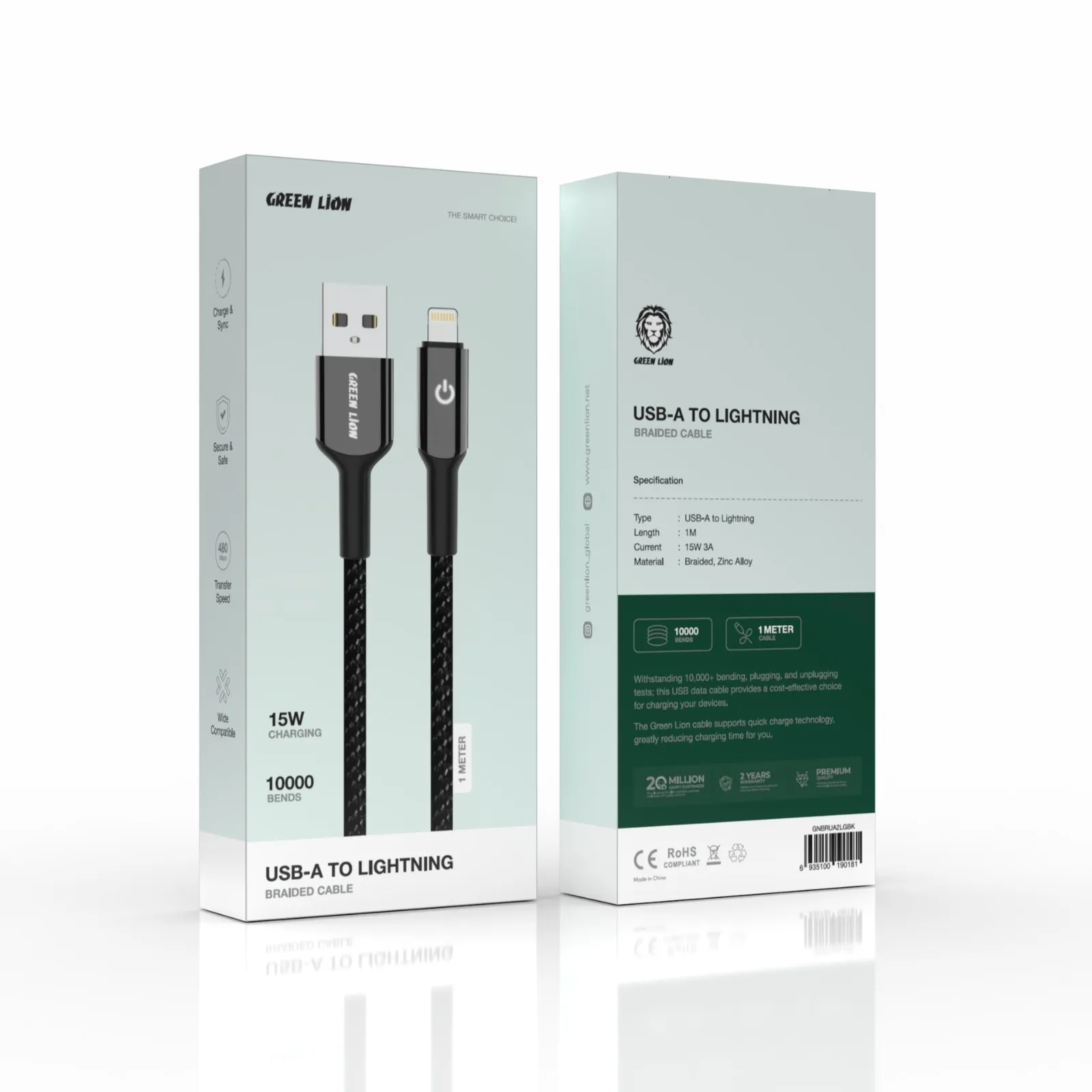 کابل بافته شده USB-A TO LIGHTNING 15W 1M - مشکی - برند گرین لاین Green lion کابل بافته شده USB-A TO LIGHTNING 15W 1M - مشکی - برند گرین لاین Green lion - تصویر 1