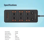 سوکت آبی 6 AC با پورت USB-A X2 USB-C X4 انگلستان (سیم 3M) - مشکی - برند پرودو Porodo - تصویر 7