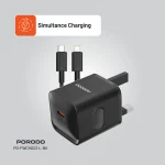 شارژر بریتانیایی PD20W با کابل TYPE-C تا LIGHTNING - مشکی - برند پرودو Porodo