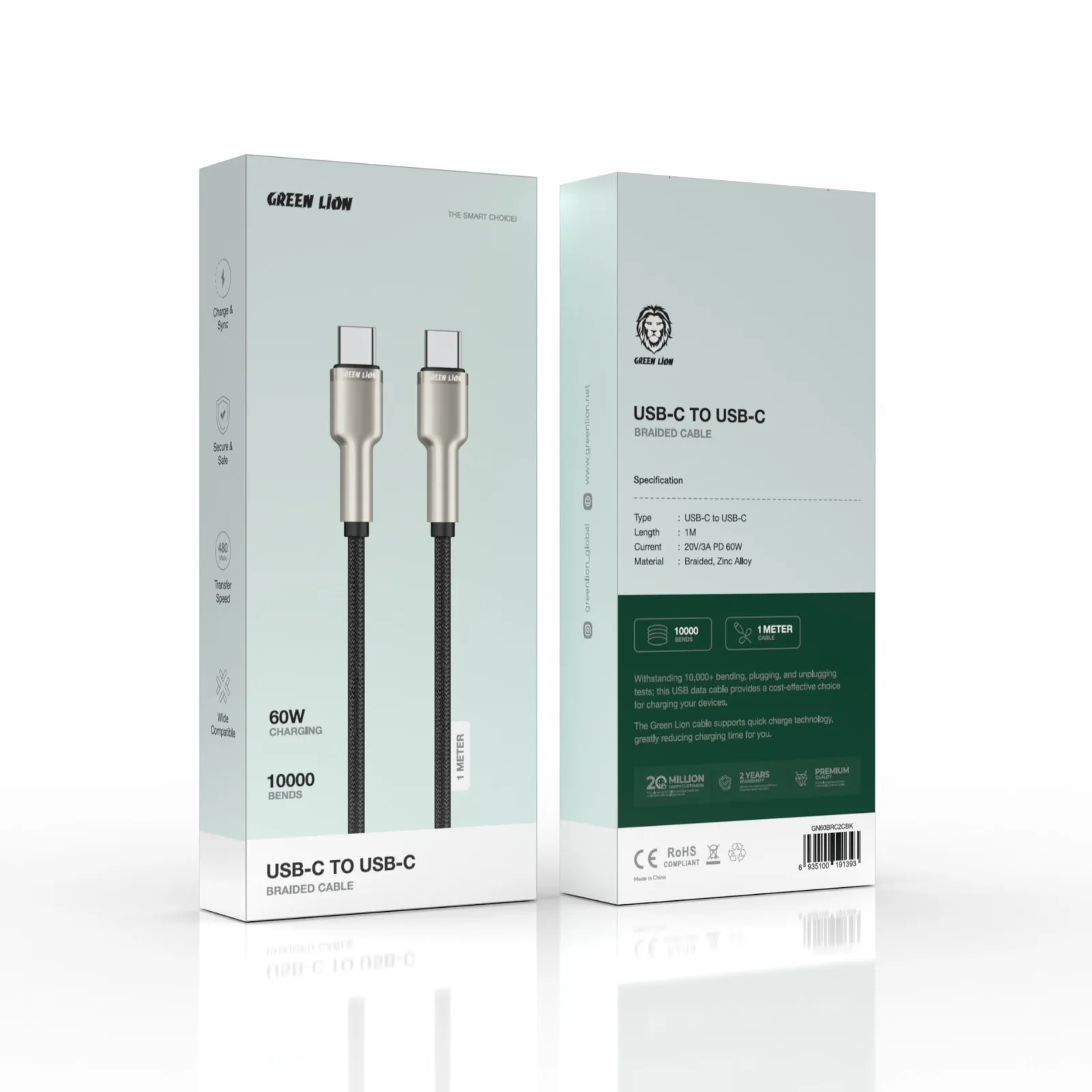 کابل آلیاژی روی بافته شده USB-C به USB-C 60W 1M - مشکی - برند گرین لاین Green lion کابل آلیاژی روی بافته شده USB-C به USB-C 60W 1M - مشکی - برند گرین لاین Green lion - تصویر 1