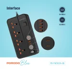 سوکت آبی 4 AC با پورت USB-A X4 USB-C X2 انگلستان (سیم 3M) - مشکی - برند پرودو Porodo - تصویر 3