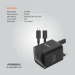 شارژر بریتانیایی PD20W با کابل TYPE-C تا LIGHTNING - مشکی - برند پرودو Porodo - تصویر 4