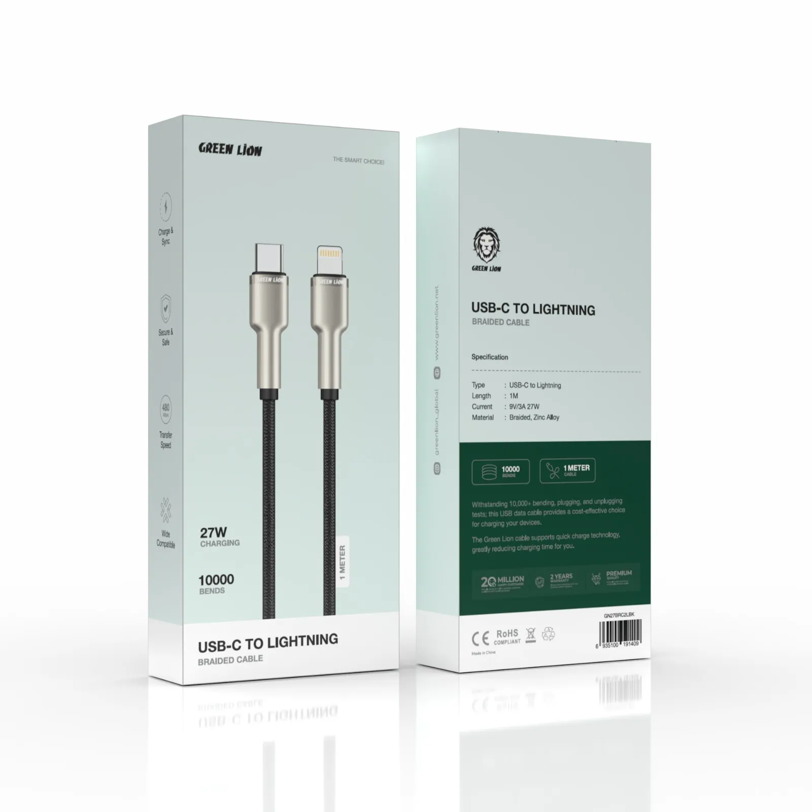 کابل آلیاژ روی بافته شده USB-C به لایتنینگ 27 وات 1M - مشکی - برند گرین لاین Green lion کابل آلیاژ روی بافته شده USB-C به لایتنینگ 27 وات 1M - مشکی - برند گرین لاین Green lion - تصویر 1