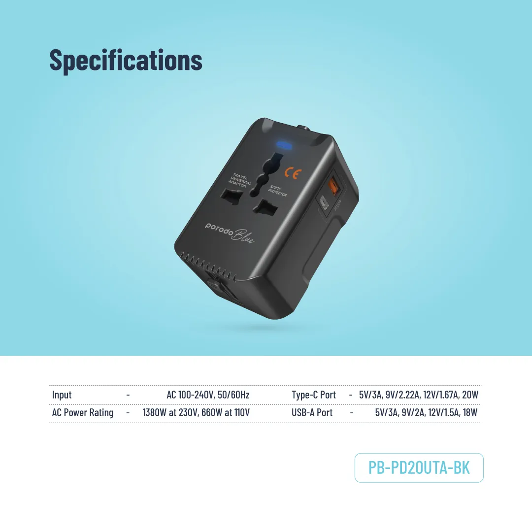 BLUE PD20 UNIVERSAL TRAVEL ADAPTER - BLACK - برند پرودو Porodo BLUE PD20 UNIVERSAL TRAVEL ADAPTER - BLACK - برند پرودو Porodo - تصویر 1