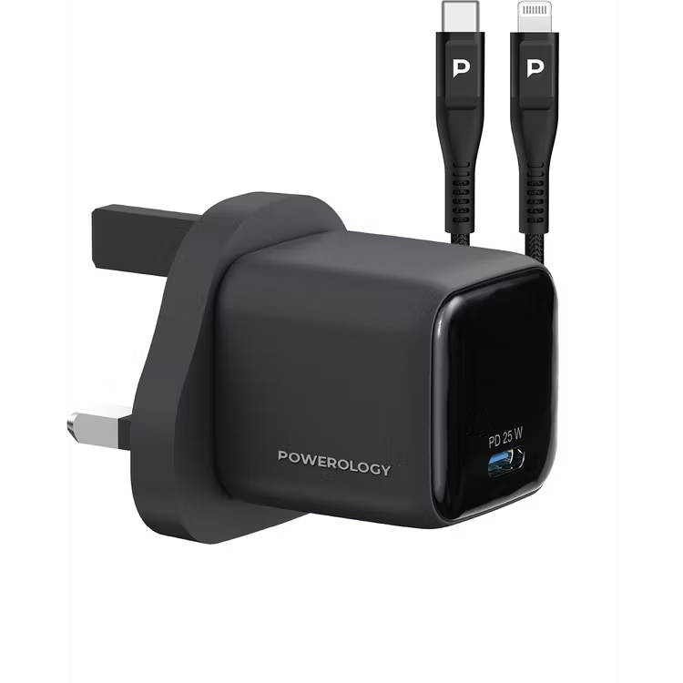 Powerology Volt-X 25W Mini Gan Wall Charger with USB-C to Lightning Cable شارژر دیواری 25 وات پاورولوژی مدل PWP5525CTOLBK با کابل USB-C به Lightning