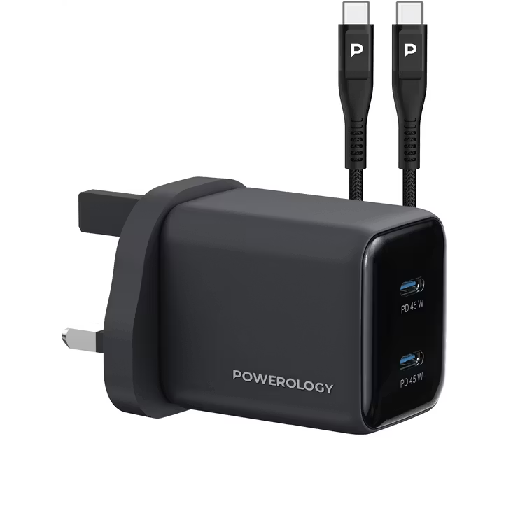 tf-owerology Volt-X 45W Dual USB-C Port GaN Wall Charger USB-C to USB-C Cable شارژر دیواری 45 وات پاورولوژی مدل PWP4845ACTOCBK با کابل USB-C به USB-C