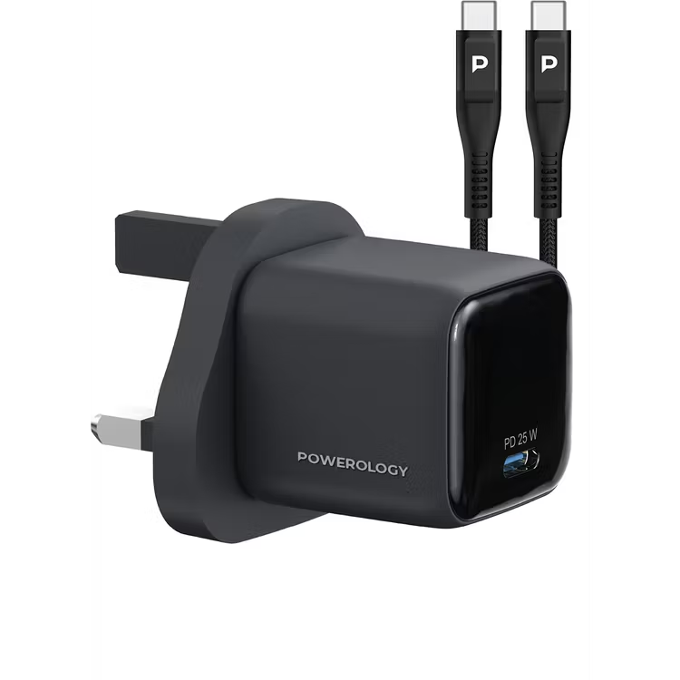 Powerology Volt-X 25W Mini Gan Wall Charger with USB-C to USB-C Cable شارژر دیواری 25 وات پاورولوژی مدل PWP5525CTOCBK با کابل USB-C به USB-C