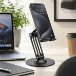 Foldable Stand Phone & Tablet Holder, 360° Rotation 3-Axis Metal Desktop Mount (4-12") - Black - تصویر 3