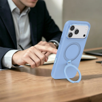 Silicone Stand Case for iPhone 18 Pro, 360° Rotating Stand - Blue - تصویر 6