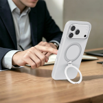 Silicone Stand Case for iPhone 18 Pro Max, 360° Rotating Stand - White - تصویر 6