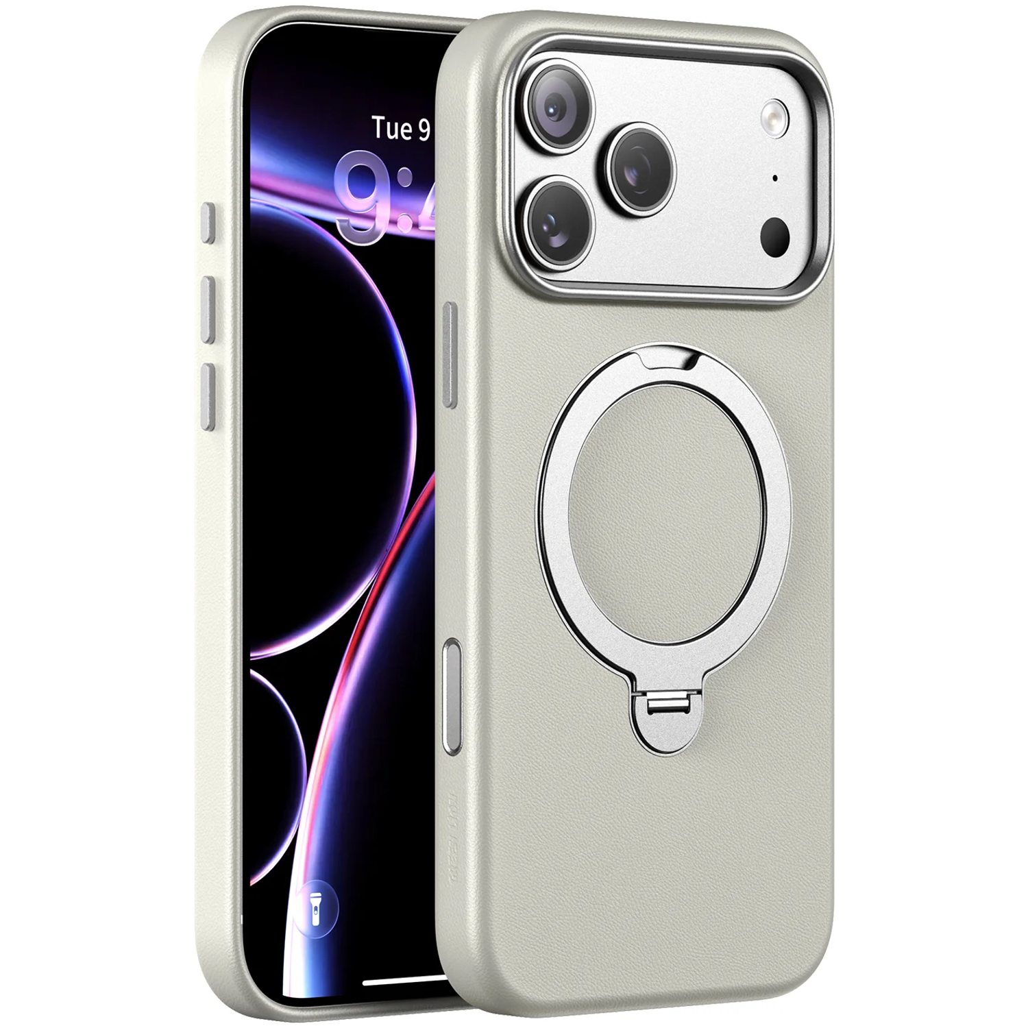 Kenton MagSafe Leather Case with Ring Kickstand for iPhone 18 Pro/17 Pro - Silver Kenton MagSafe Leather Case with Ring Kickstand for iPhone 18 Pro/17 Pro - Silver - تصویر 1