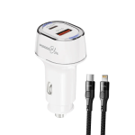 Blue Dual-Port Car Charger with Lightning Cable, Dual USB-A & USB-C Ports, 52.5W Rated Power - White