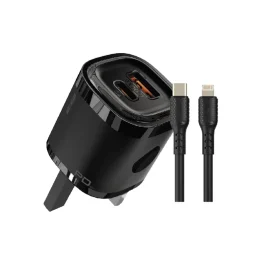 PD & QC3.0 Mini Wall Charger PD 20W with Type-C to Lightning Cable 1M UK - مشکی - برند گرین لاین Green lion