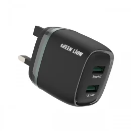 شارژرهای سبز 2Usb 2.4A + کابل USB-Tc 1M دوشاخه بریتانیایی سبز تیره - برند گرین لاین Green lion