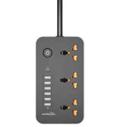 سوکت برق چند پورت آبی با 3 AC X6 USB-A 2M 2500W- مشکی - برند پرودو Porodo