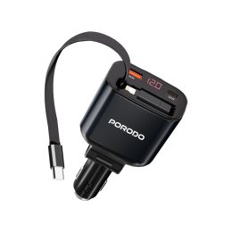 [PD-CRD105W-BK] Porodo 105W Car Charger With Retractable Cable and Digital Display - Black