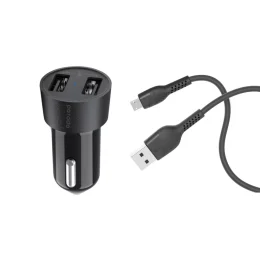 شارژر ماشین با دو خروجی USB 3.4A با کابل لایتنینگ 4 فوت. - مشکی - برند پرودو Porodo