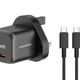 شارژر سریع PD 20W انگلستان با کابل C به C - مشکی - برند پرودو Porodo