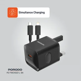 شارژر بریتانیایی PD20W با کابل TYPE-C تا LIGHTNING - مشکی - برند پرودو Porodo