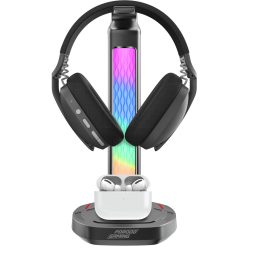 Gaming Headphone Stand PDX527 - RGB Lights, Wireless Charger, Black