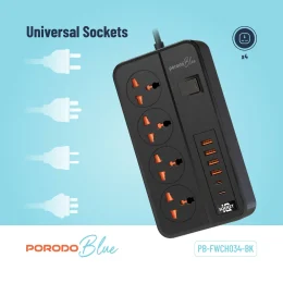 سوکت آبی 4 AC با پورت USB-A X4 USB-C X2 انگلستان (سیم 3M) - مشکی - برند پرودو Porodo