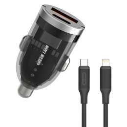 Zinc Alloy Transparent Car Charger (30W PD + 22.5W QC) with 1m USB-C to Lightning Cable - Black
