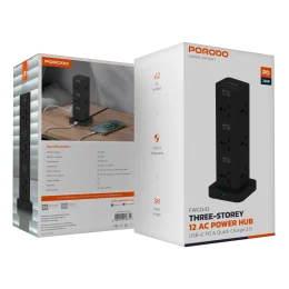PD20W QC 3.0 1A + 2 TYPE C SOCKET TOWER 3M - BLACK - برند پرودو Porodo