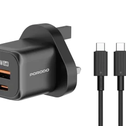 شارژر سریع PD 20W USB QC3.0 انگلستان با کابل C به C - مشکی - برند پرودو Porodo