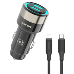 Zinc Alloy Dual PD Car Charger with Blue LED Light, 60W Total Output with 1m USB-C to USB-C Cable - Black