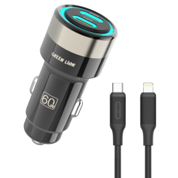 Zinc Alloy Dual PD Car Charger with Blue LED Light, 60W Total Output with 1m USB-C to Lightning Cable - Black