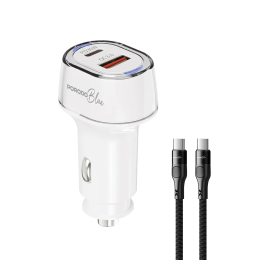 Blue Dual-Port Car Charger with Type-C Cable, Dual USB-A & USB-C Ports, 52.5W Rated Power - White