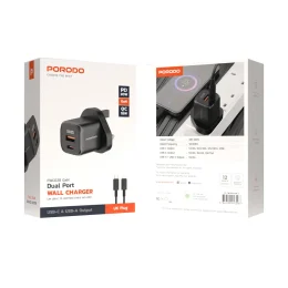 شارژر سریع PD 20W USB QC3.0 انگلستان با کابل C به L - مشکی - برند پرودو Porodo
